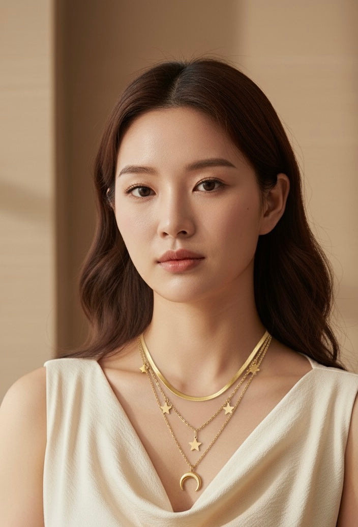 Elegant Three Layer Moon &Star Necklace 18K Gold Plated Stainless Steel.