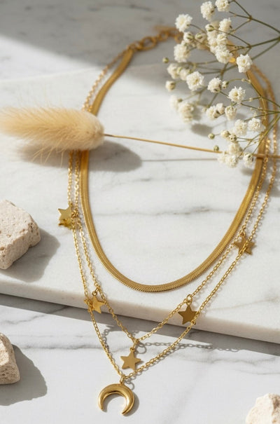 Elegant Three Layer Moon &Star Necklace 18K Gold Plated Stainless Steel.