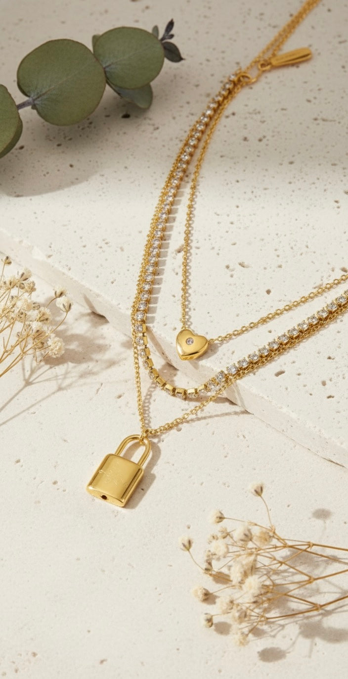 Elegant Three Layer Gold Necklace with Tennis Chain,Heart & Lock - 18K Gold Plated.