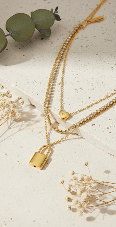 Elegant Three Layer Gold Necklace with Tennis Chain,Heart & Lock - 18K Gold Plated.
