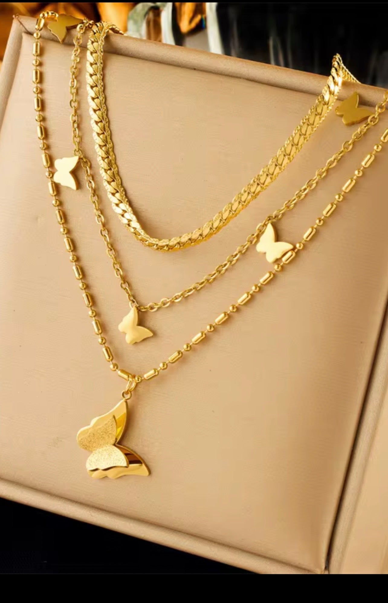 Elegant Three Layer Gold Butterfly Necklace - 18K Gold Plated.