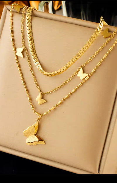 Elegant Three Layer Gold Butterfly Necklace - 18K Gold Plated.