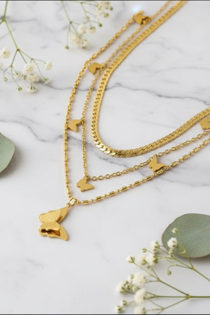 Elegant Three Layer Gold Butterfly Necklace - 18K Gold Plated.