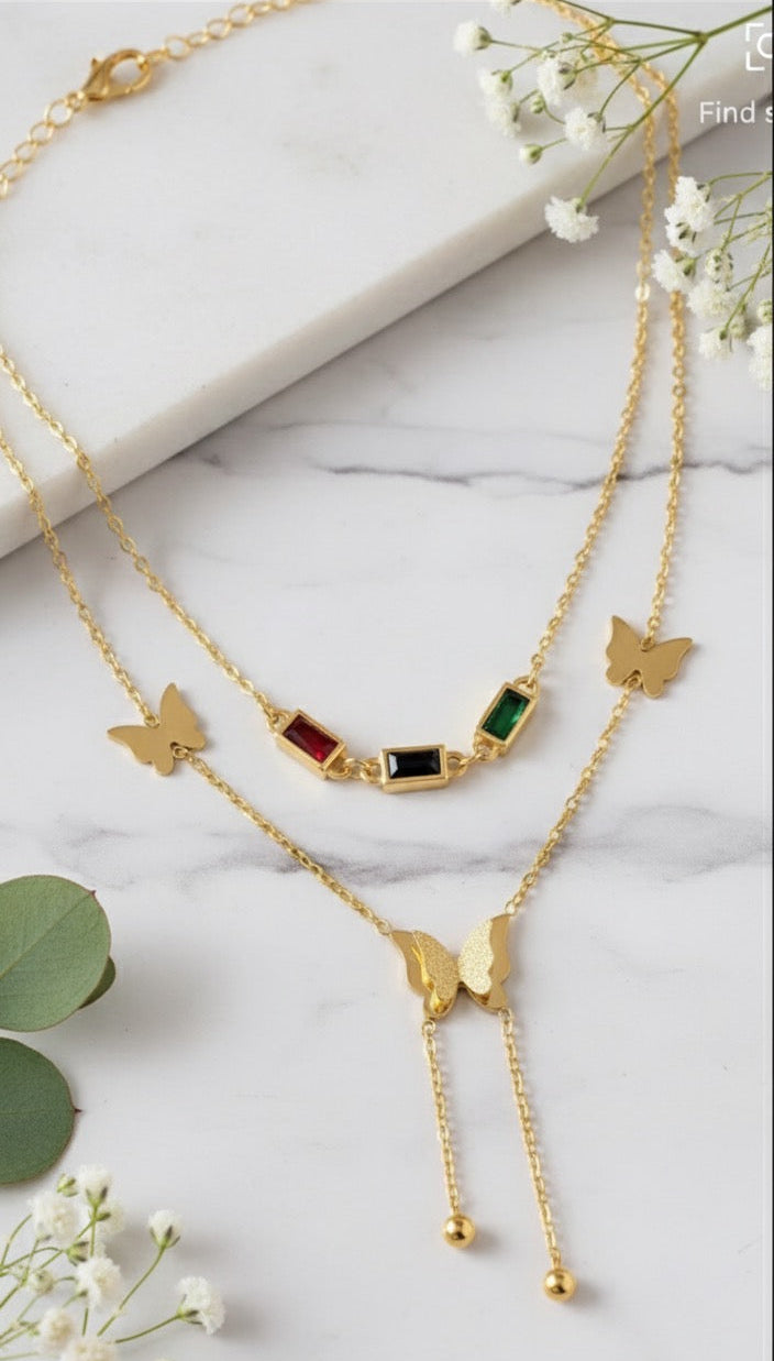 Elegant Two Layer Butterfly & Gemstone Necklace - 18K Gold Plated.