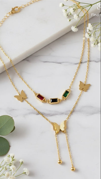 Elegant Two Layer Butterfly & Gemstone Necklace - 18K Gold Plated.