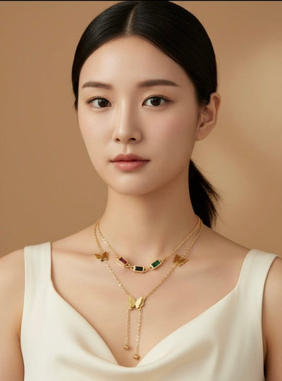 Elegant Two Layer Butterfly & Gemstone Necklace - 18K Gold Plated.