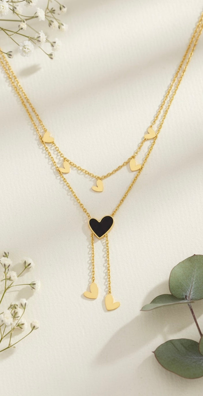 Elegant Two Layer Gold Necklace with Black Enamel Heart - 18K Gold Plated.