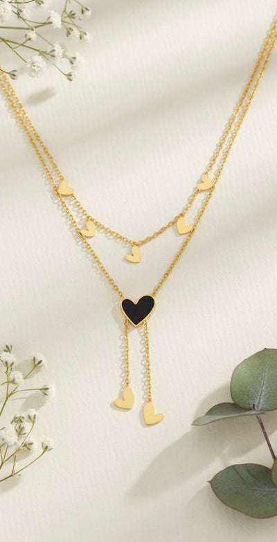 Elegant Two Layer Gold Necklace with Black Enamel Heart - 18K Gold Plated.