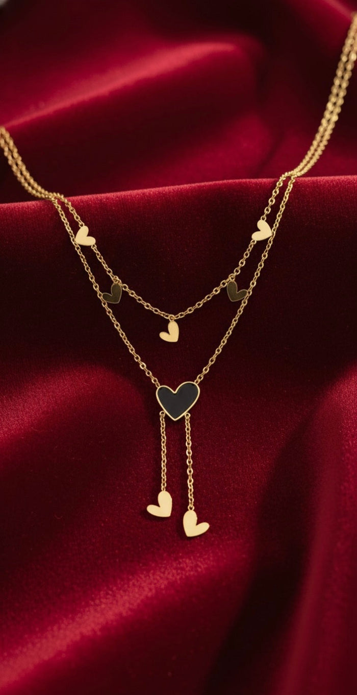 Elegant Two Layer Gold Necklace with Black Enamel Heart - 18K Gold Plated.