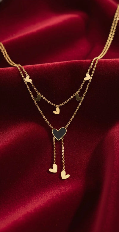 Elegant Two Layer Gold Necklace with Black Enamel Heart - 18K Gold Plated.