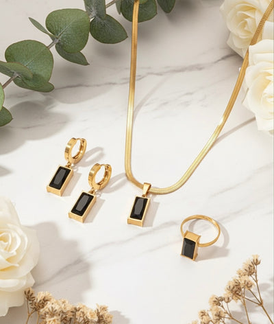 Black Diamond Inspired Jewelry Set - Necklace, Earrings & Adjustable Ring.