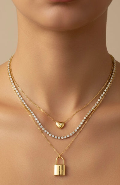 Elegant Three Layer Gold Necklace with Tennis Chain,Heart & Lock - 18K Gold Plated.